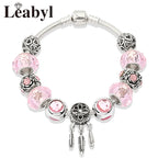 Romantic Pink Heart Charm Bracelet Fine Crystal DIY Bead Bangle Gift
