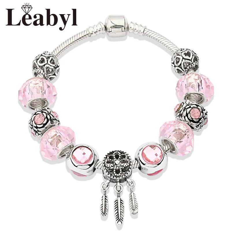 Romantic Pink Heart Charm Bracelet Fine Crystal DIY Bead Bangle Gift