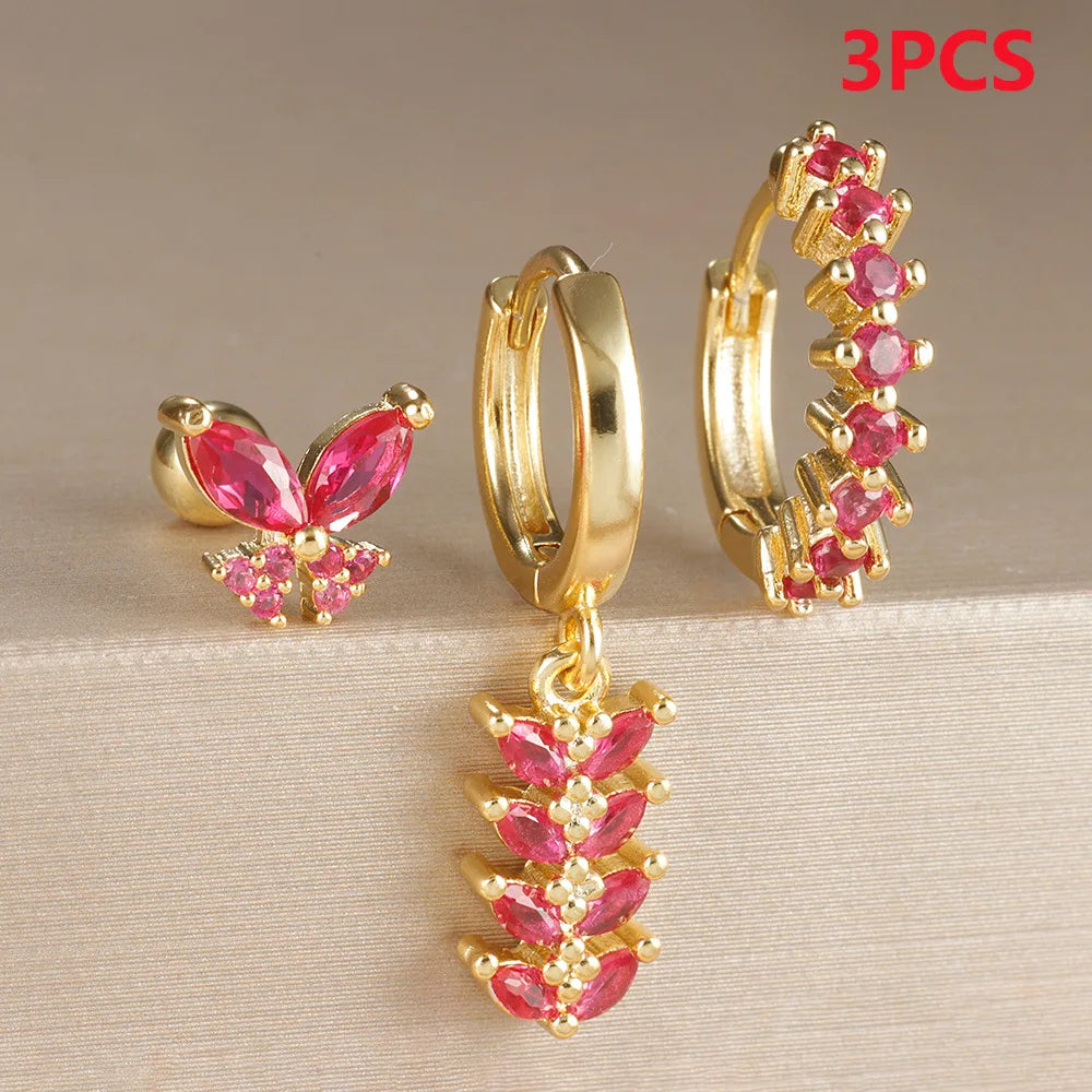 3PCS Zircon Leaf Hoop Earrings Set Stainless Steel Butterfly Studs