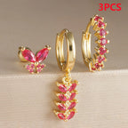 3PCS Zircon Leaf Hoop Earrings Set Stainless Steel Butterfly Studs