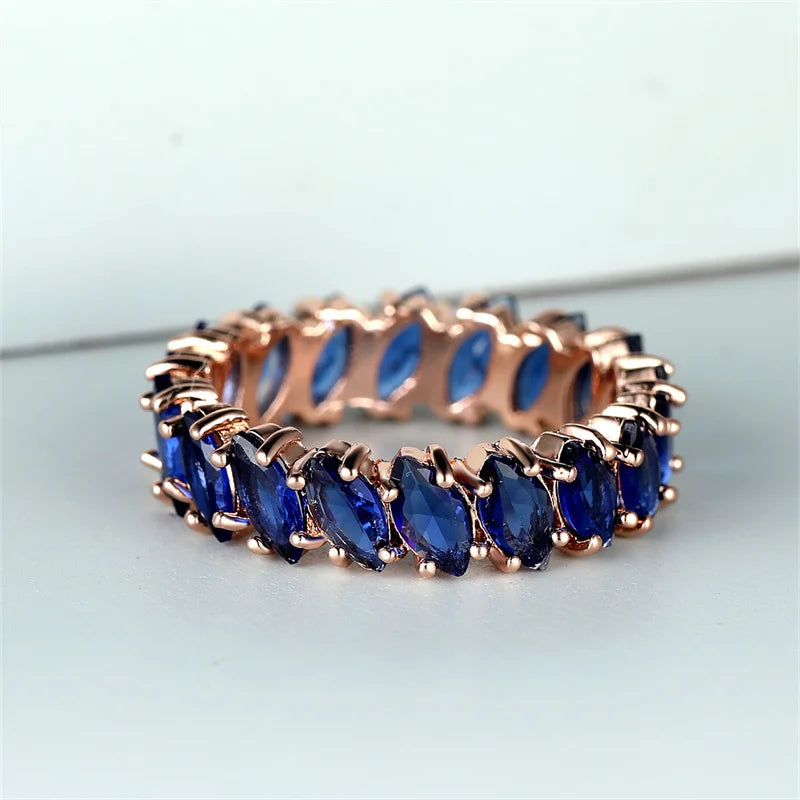 Bohemian Royal Blue Stone Leaf Rings For Women Silver Rose Gold Color Horse Eye Zircon Wedding Bands Birthday Party Jewelry Gift