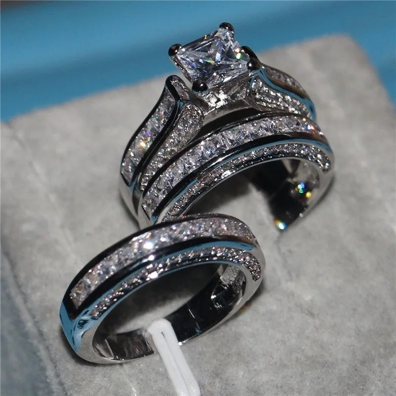 Cute Female Big Zircon Ring Set Crystal Silver Color Yellow Gold Bridal Wedding Jewelry For Women