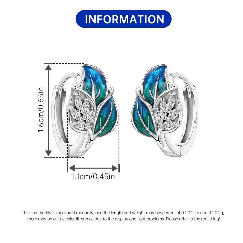 925 Sterling Silver Blue Leaf Plant Ear Studs Hoop Earrings Jewellery Gift