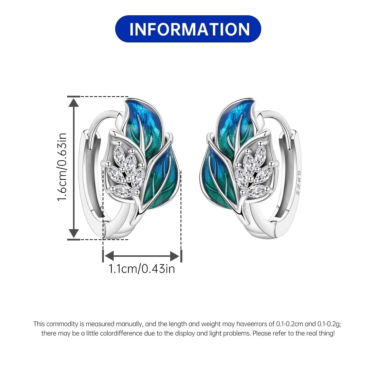 925 Sterling Silver Blue Leaf Plant Ear Studs Hoop Earrings Jewellery Gift