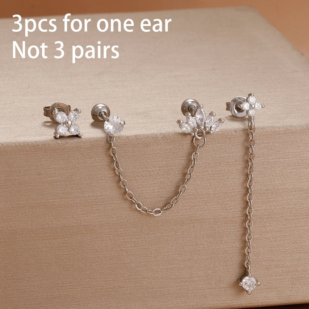 3PCS Fashion Simple Zircon Hoop Earrings Set Stainless Steel Punk