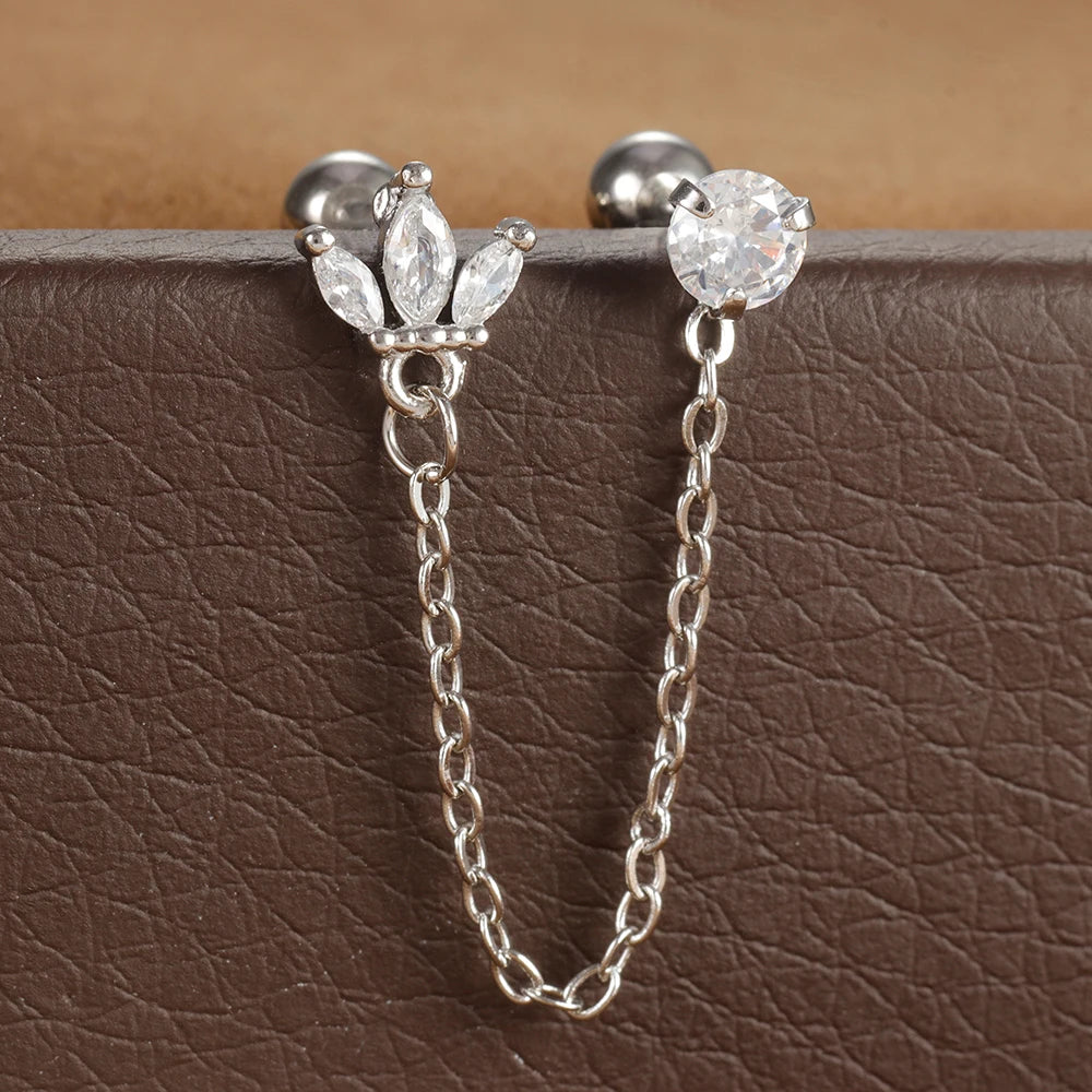 Stainless Steel Zircon Crown Stud Earrings Women 18K Gold Double Studs