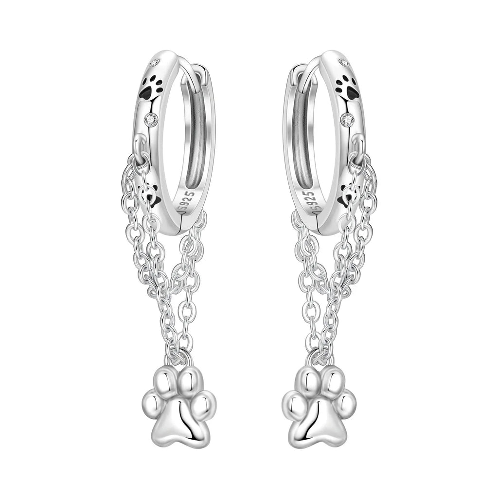 925 Sterling Silver Double Layer Pet Paw Print Drop Earrings Fashion Gift