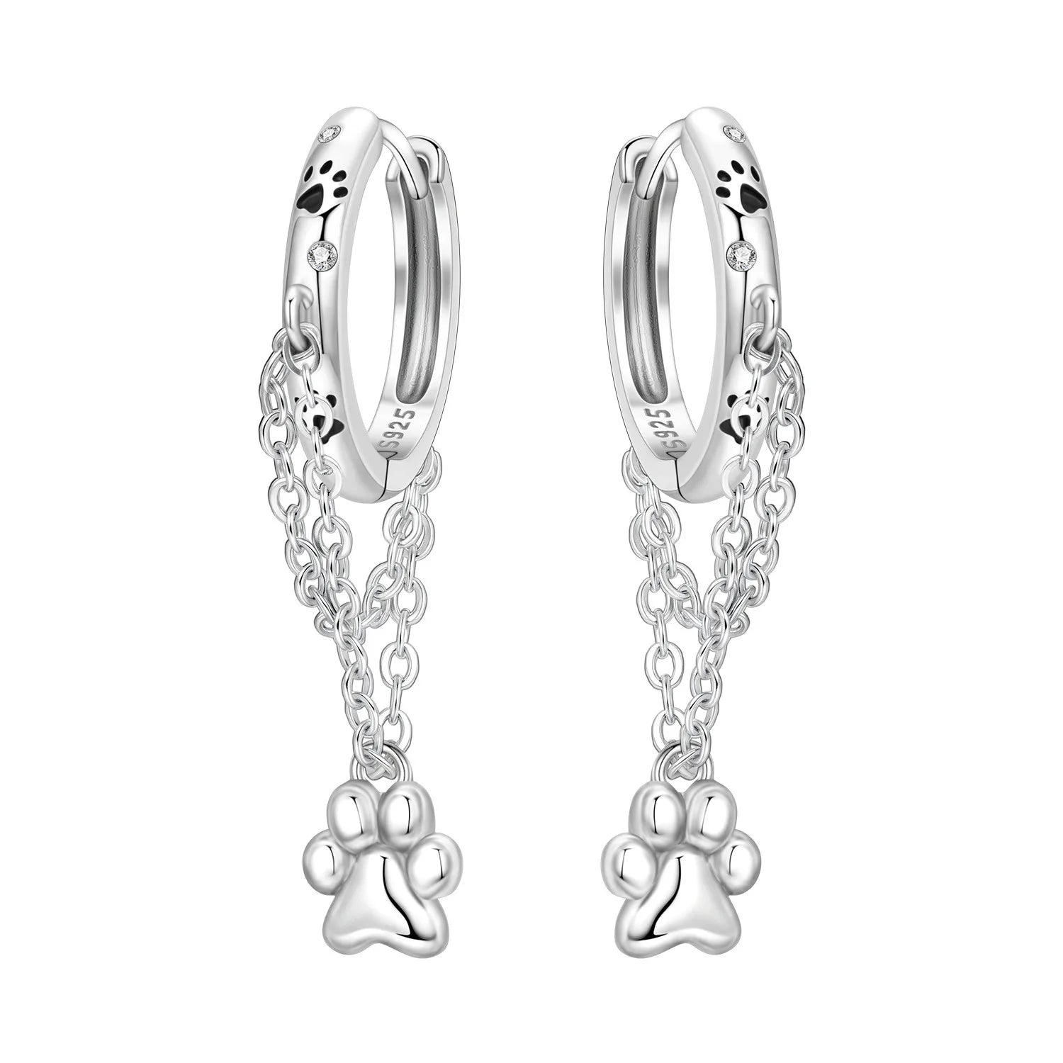 925 Sterling Silver Double Layer Pet Paw Print Drop Earrings Fashion Gift
