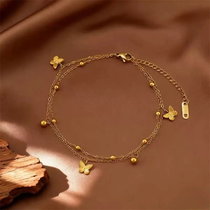 Flower Butterfly Heart Stainless Steel Charm Bracelet Gold Colour