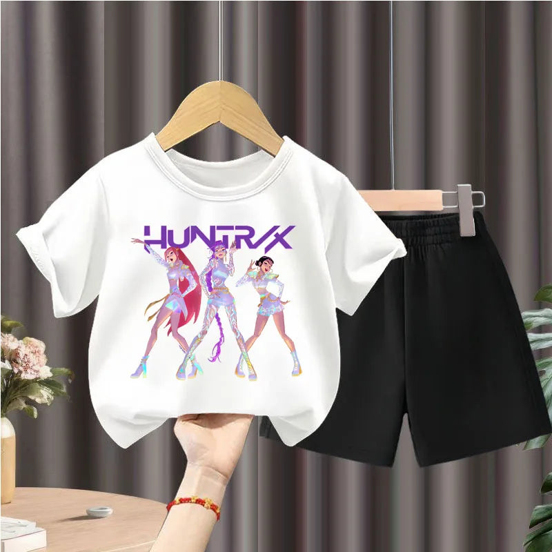 K-pop Girls Summer Casual T-Shirt and Shorts 2-Piece Fashion Outfit