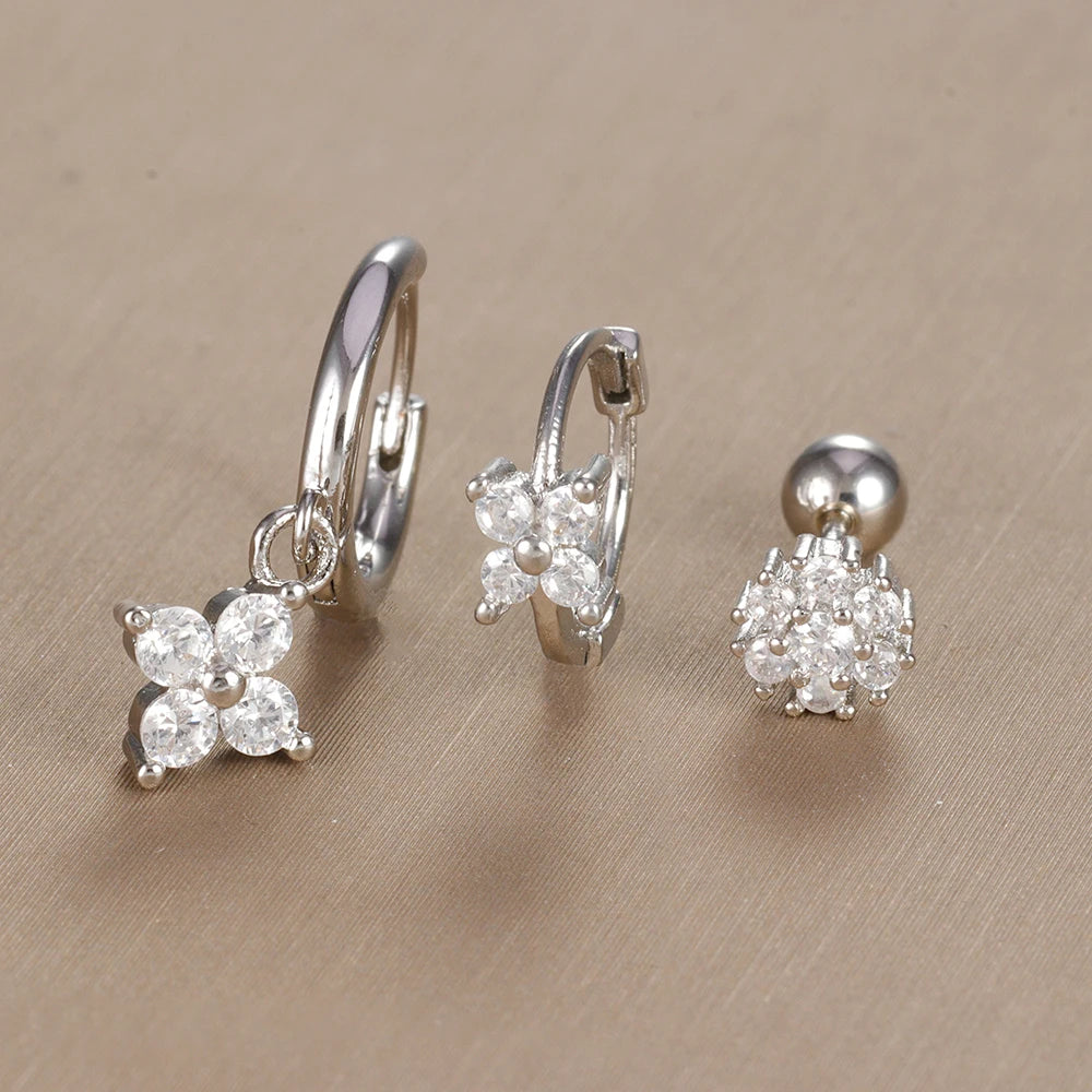 3PCS Vintage Design Four Flower Zircon Hoop Earrings Set Steel