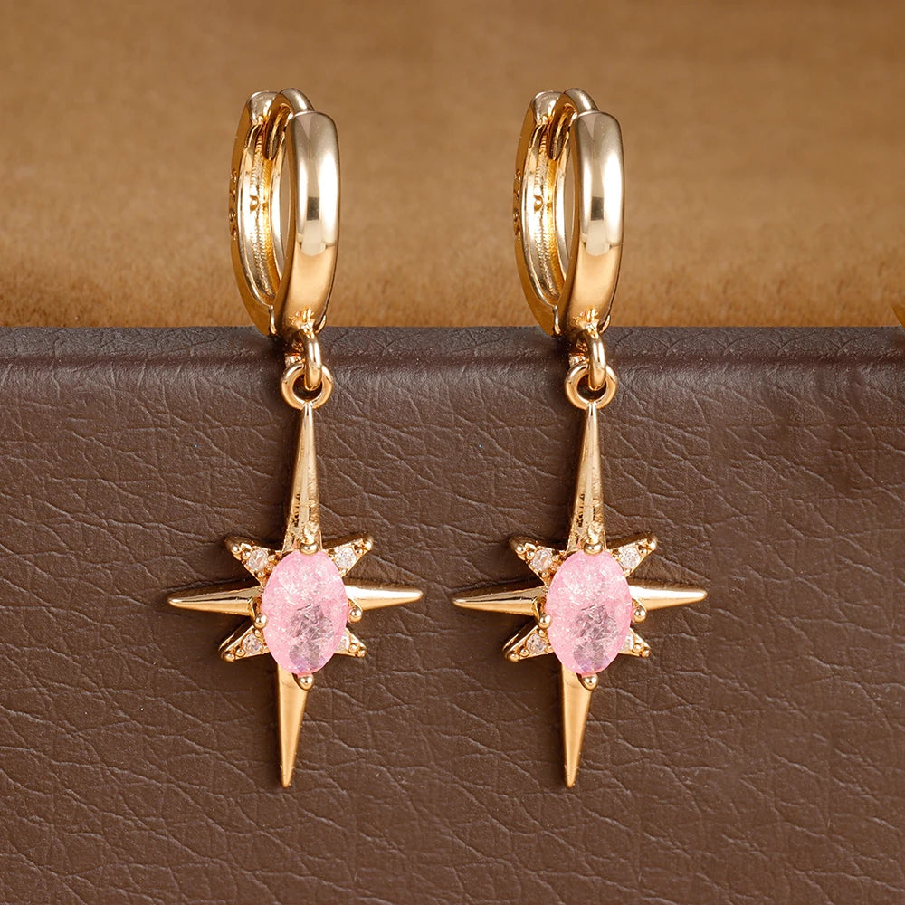 2PCS Simple Stainless Steel Star Hoop Earrings Gold Colour Zirconia