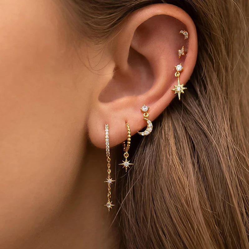 New Stainless Steel Cubic Zirconia Chain Hoop Earring Star Moon