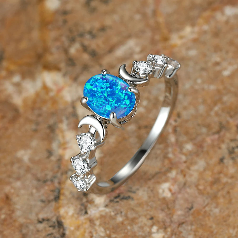 Rainbow White Fire Opal Ring Silver Rose Gold Color Small Moon Rings For Women Wedding Bands Oval Stone Engagement Ring Jewelry