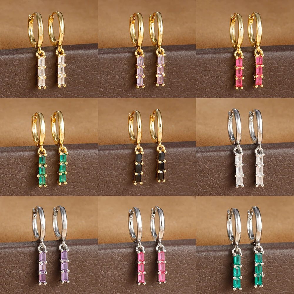 1 Pair Stainless Steel Colourful Zircon Square Dangle Earrings Punk