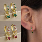 2PCS Luxury Colourful Heart Pendant Earrings Multicolor Zircon Hoops