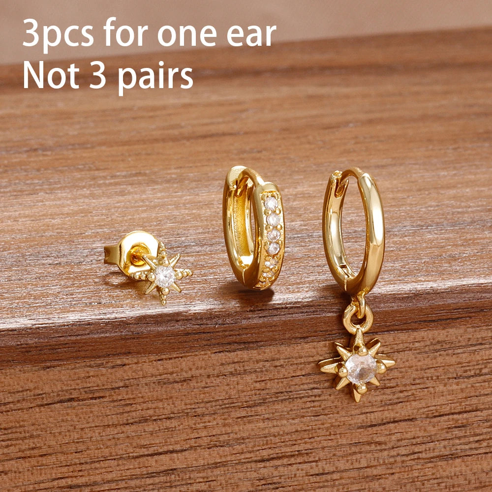 3PCS Korean Stainless Steel Butterfly Crystal Zirconia Hoop Earrings