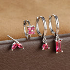4PCS Stainless Steel Huggies Hoop Earrings Rose Red Crystal Zirconia