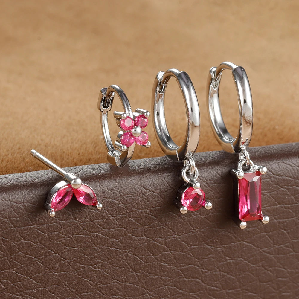 4PCS Stainless Steel Huggies Hoop Earrings Rose Red Crystal Zirconia