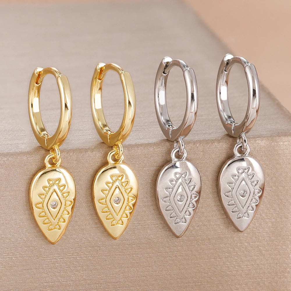 2PCS Fashion Stainless Steel Leaf Evil Eye Dangle Earrings 14K Gold