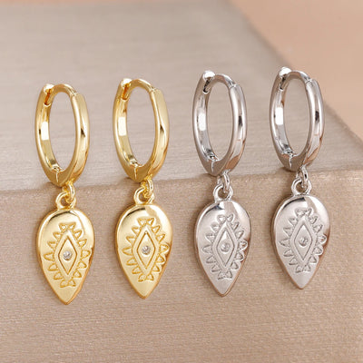 2PCS Fashion Stainless Steel Leaf Evil Eye Dangle Earrings 14K Gold