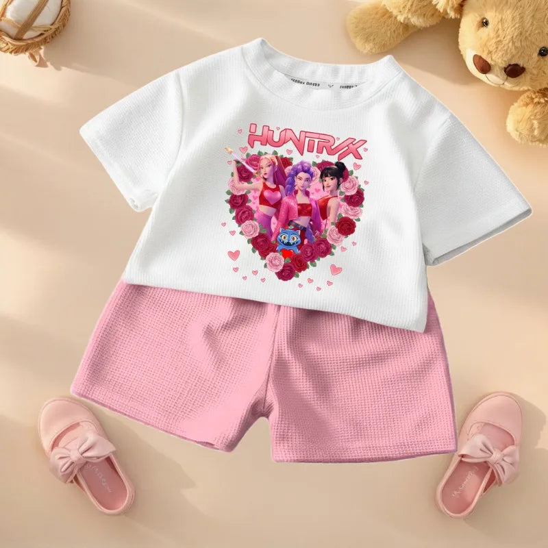 K-pop Girls Summer Casual T-Shirt and Shorts 2-Piece Fashion Outfit