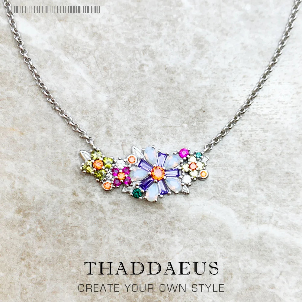 Flowers Colourful Stones Necklace Link Chain 925 Sterling Silver Jewellery