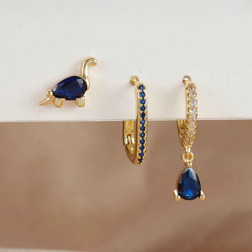 3PCS Waterdrop Shape Zircon Hoop Earrings Triangle Flower Studs