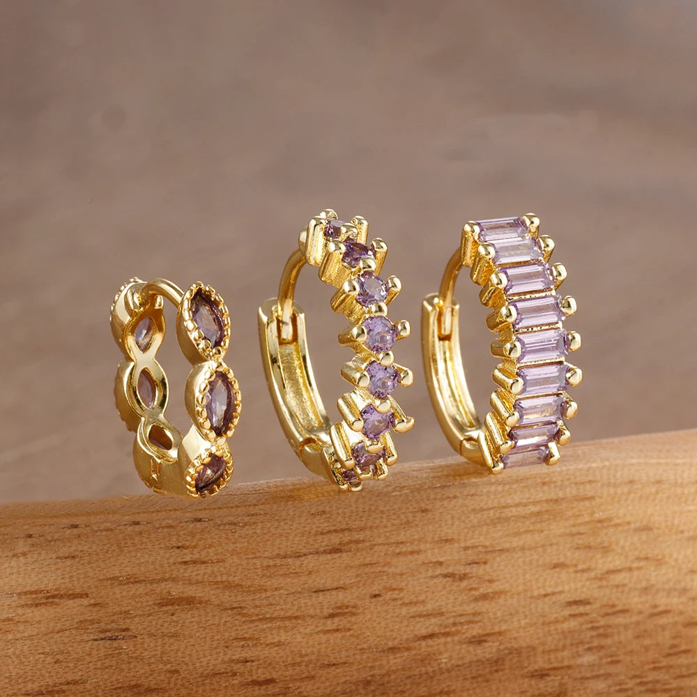 3PCS Stainless Steel Horse Eye Zircon Round Small Hoop Earrings Set