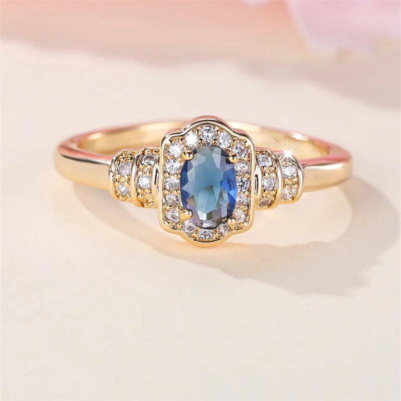 Royal Blue Stone Small Oval Wedding Bands Antique Gold Color Vintage Zircon Stacking Engagement Party Rings For Women Jewelry CZ