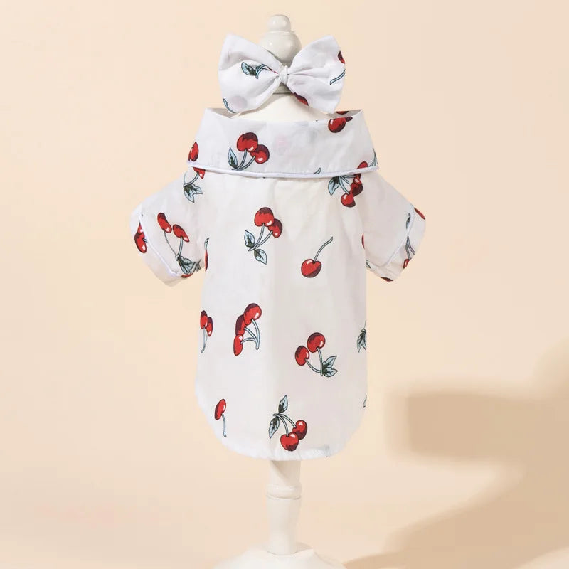 Cherry Print Cat Dog Pajamas Set Soft Warm Sleepsuit with Flower Headband