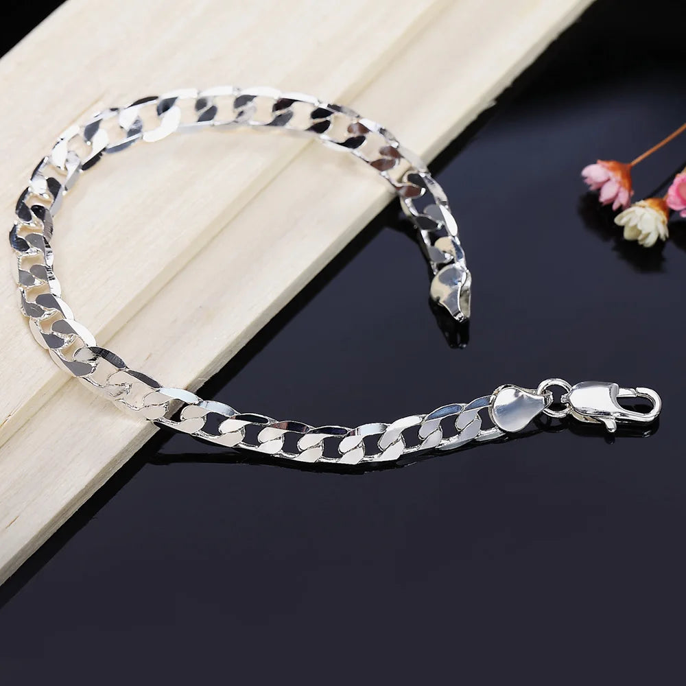 8mm Geometric Side Chain Bracelet 925 Sterling Silver Men Women Luxury Gift