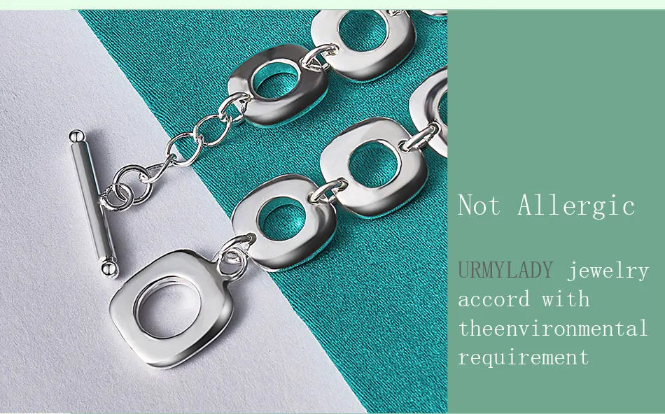 Square Chain Bracelet 925 Sterling Silver Classic Women Wedding Party Gift