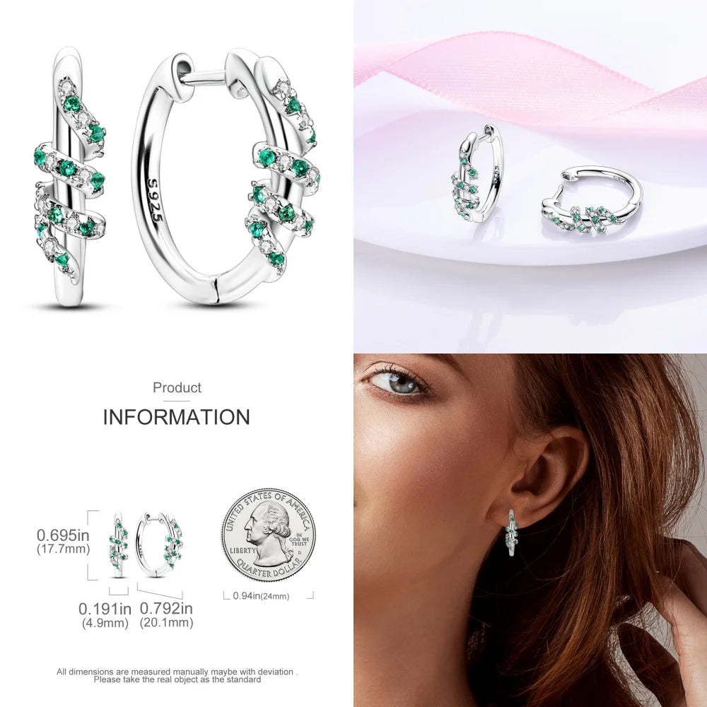 925 Sterling Silver Animal Plant Green Zircon Circle Hoop Earrings Jewellery