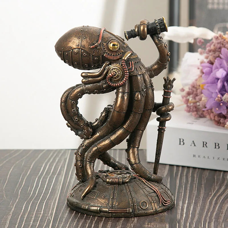 Steampunk Seabed Hiker Octopus Statue Vintage Cthulhu Figure Submarine Piranha Sculpture
