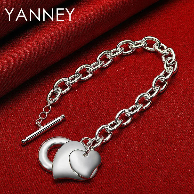 925 Sterling Silver 8-inch Double Layer Heart Bracelet Women Jewellery Gift