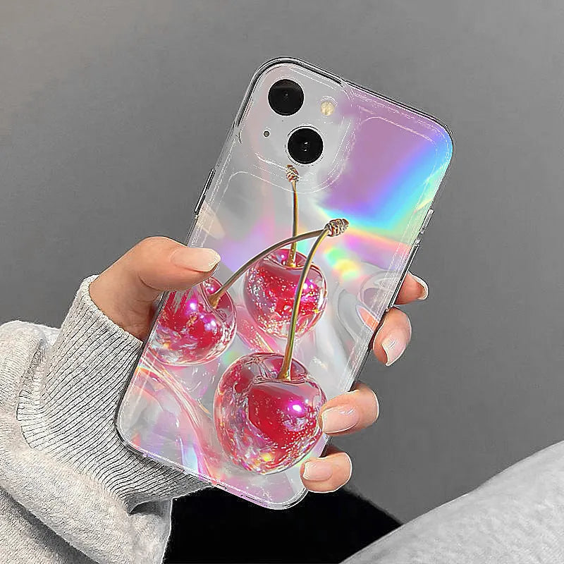 Crystal Cherry Print Case for iPhone 17 16 15 14 13 12 11 Pro Max Plus Air