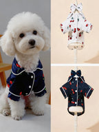 Cherry Print Cat Dog Pajamas Set Soft Warm Sleepsuit with Flower Headband