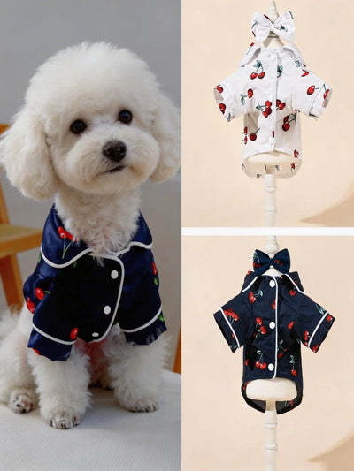 Cherry Print Cat Dog Pajamas Set Soft Warm Sleepsuit with Flower Headband