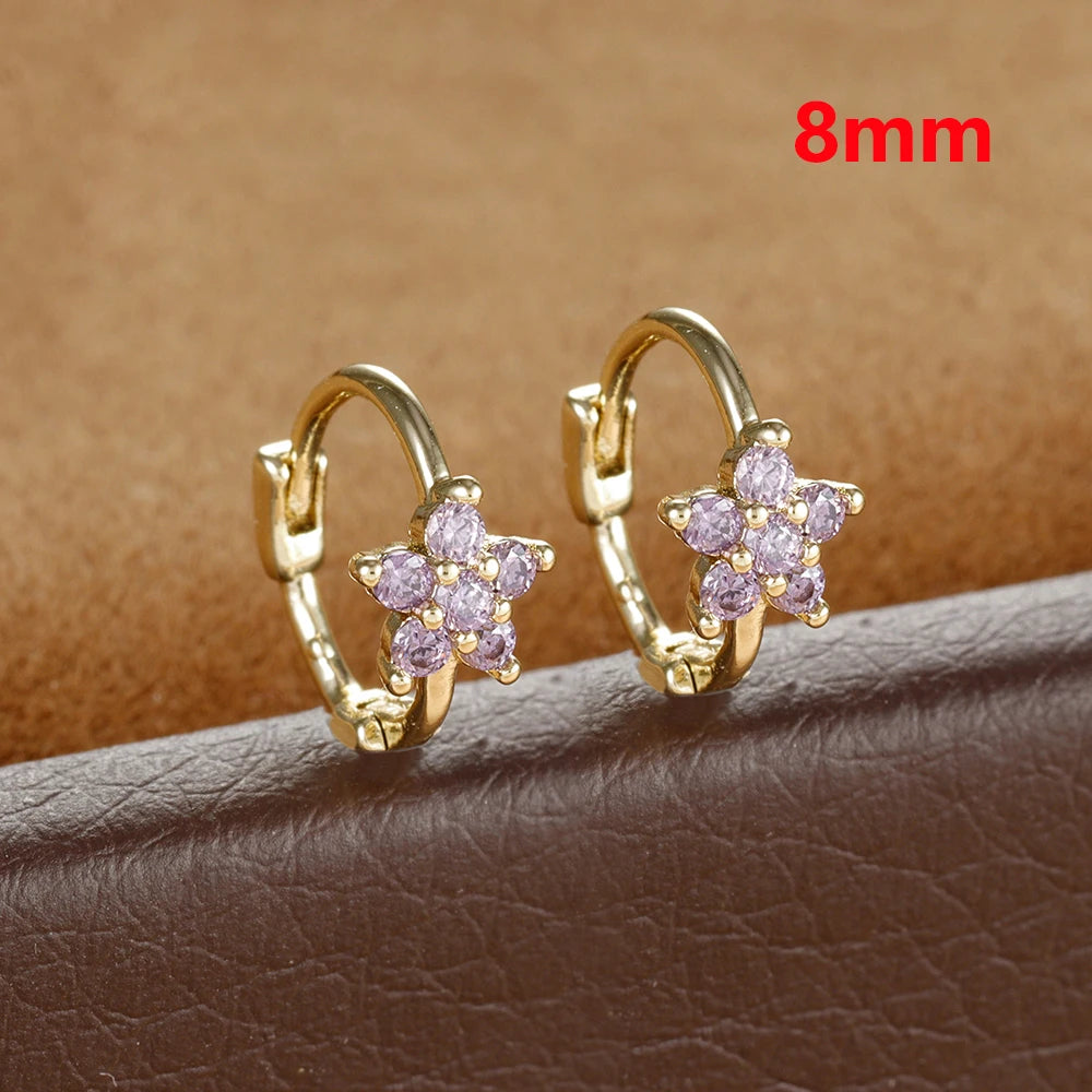 2PCS Huggies Hoop Earrings Stainless Steel Crystal Zirconia Flower