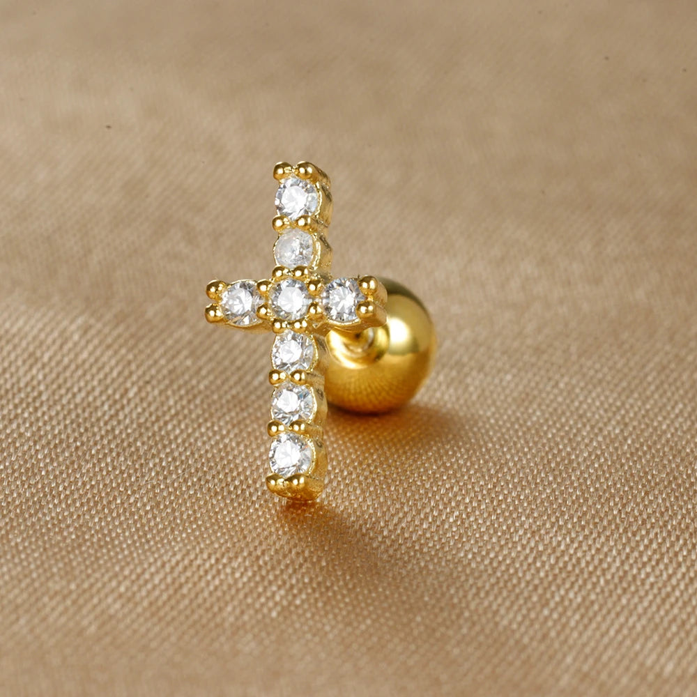 1pc Stainless Steel Moon Cross Stud Tiny Zirconia Rook Tragus Helix Piercing