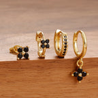 4PCS Black Zircon Flower Hoop Earring Simple Stainless Steel Huggies