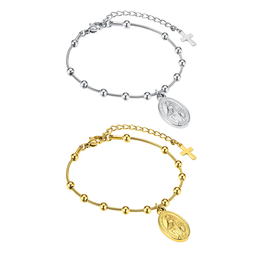 Virgin Mary Rosary Cross Bracelet for Women, Beaded Chain Stainless Steel Adjustable, Religious Jewelry