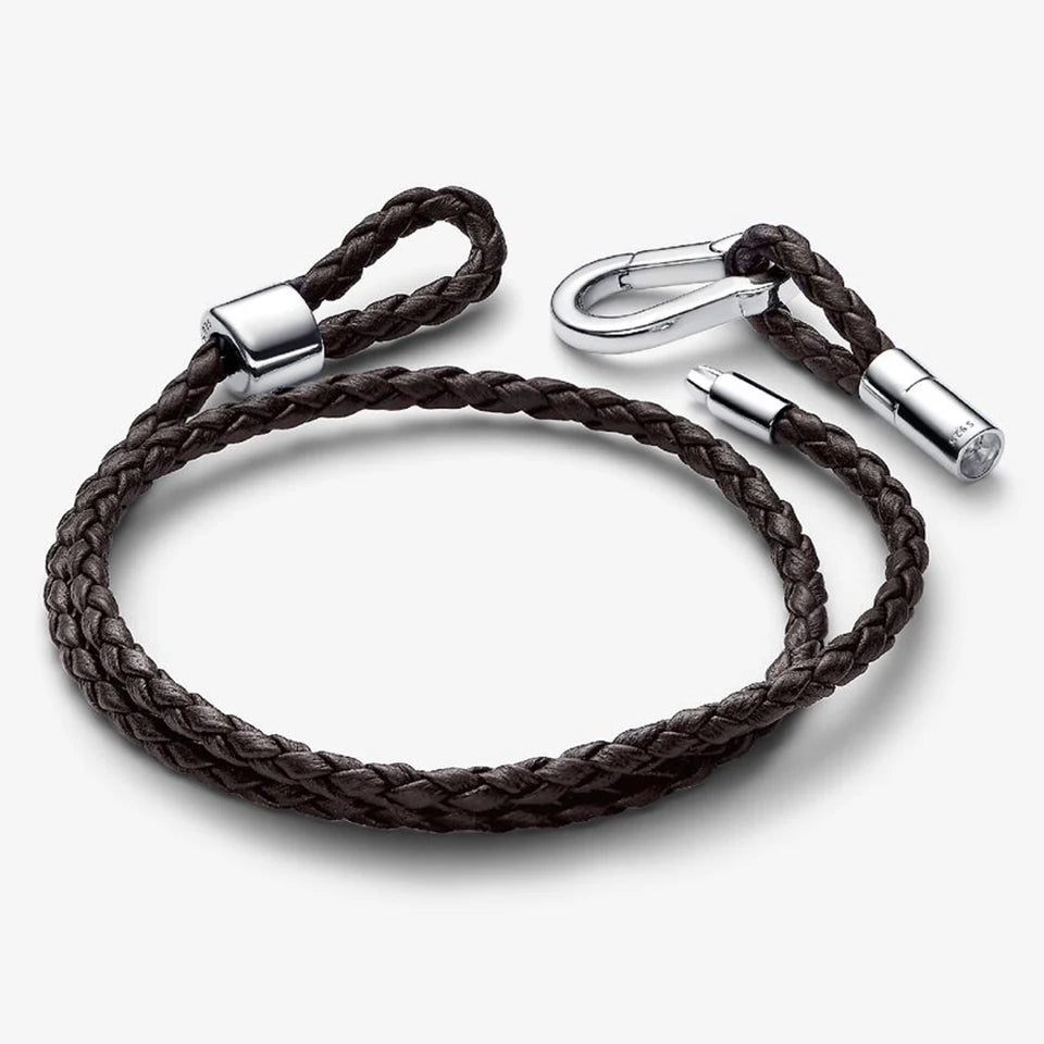 New 925 Silver Sparkling Heart to Heart Double Loop Leather Rope Weaving Bracelet Fashion DIY Charm Exquisite Jewelry Gift