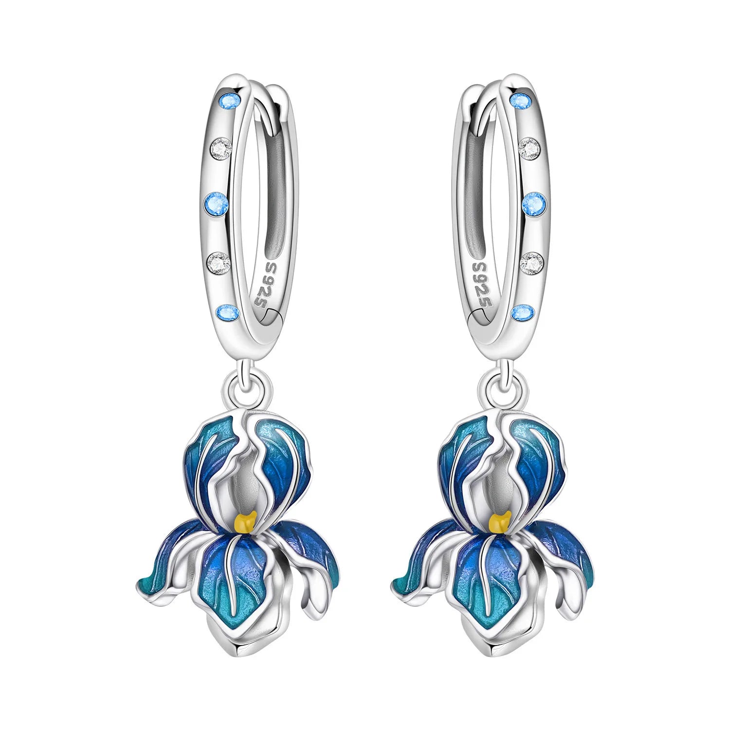 925 Sterling Silver Blue Purple Iris Flower Drop Earrings Trendy Jewellery