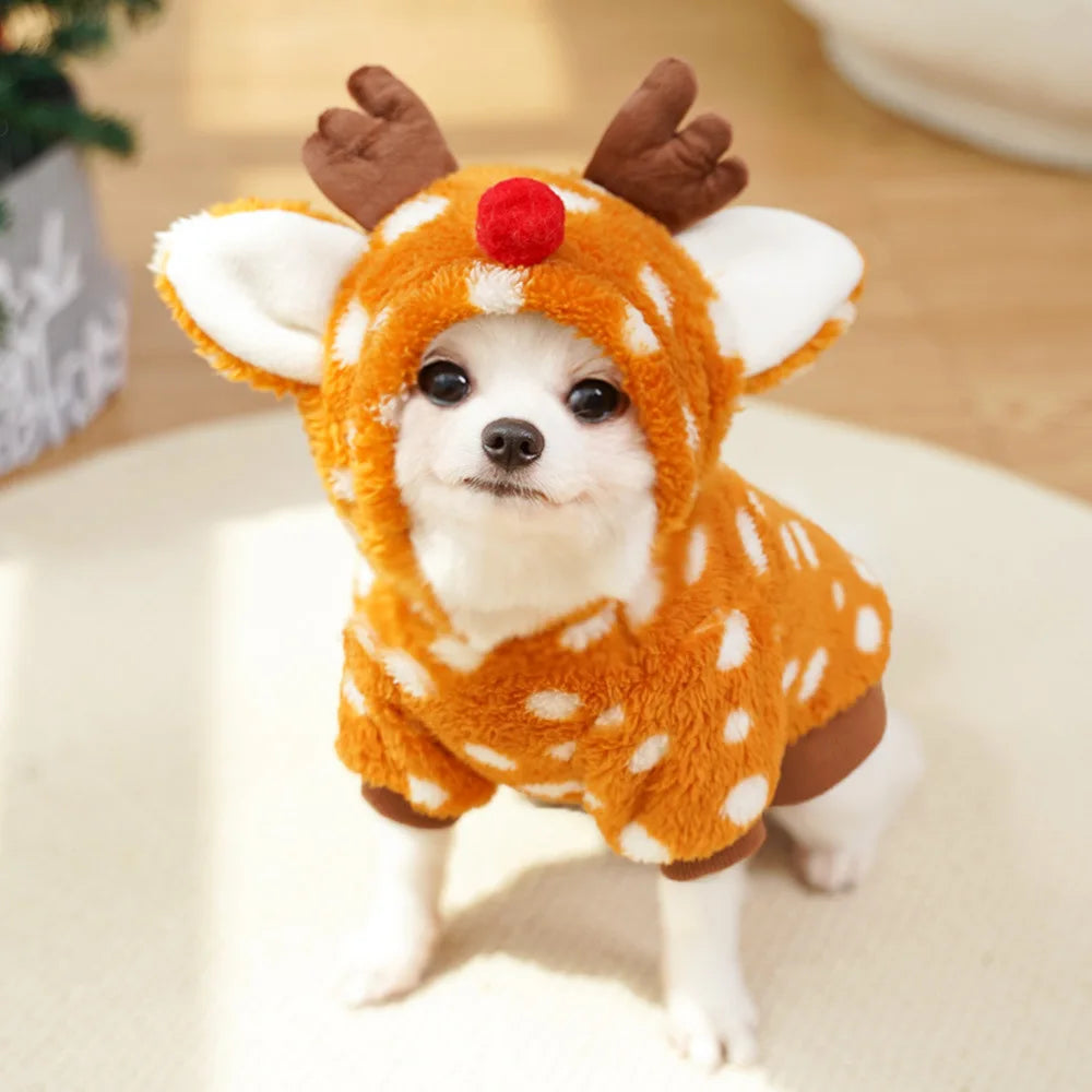 Festive Reindeer Pet Costume Cozy Plush Dog Cat Hoodie Outfit Winter Photo