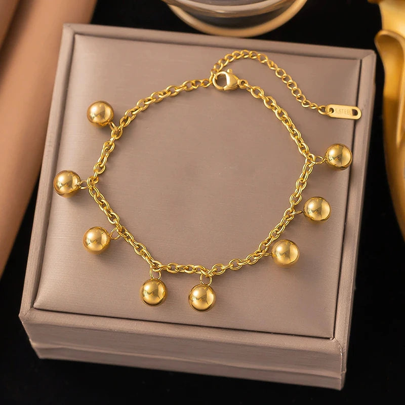 Metal Beads Heart Stainless Steel Bracelet Bangle Gold Colour Gift