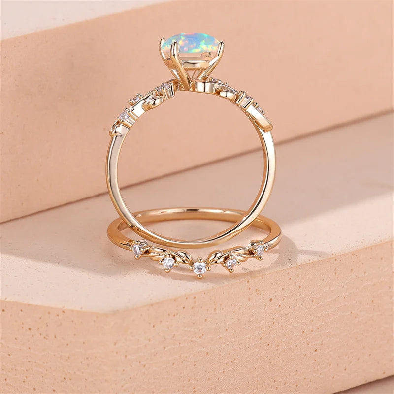 2pcs Rainbow White Fire Opal Ring Round Bridal Sets Gold Silver Color Promise Engagement Ring Set For Women Zircon Wedding Bands