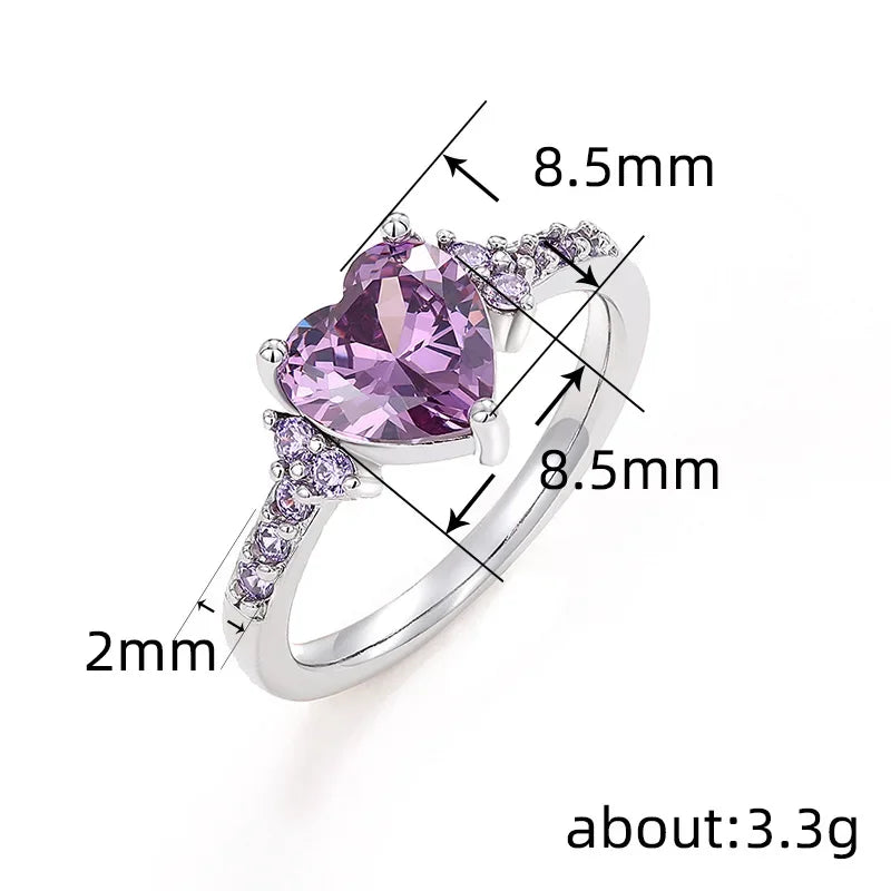 925 Sterling Silver Sparkling Zircon White Purple Elegant Love Heart Ring Party Engagement Jewellery
