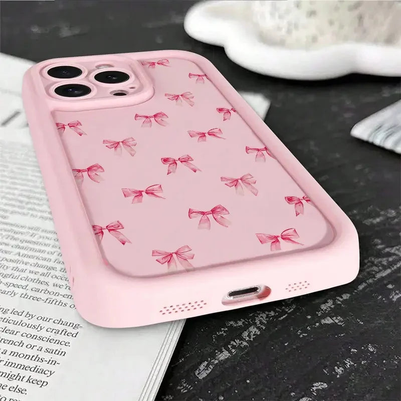 Gentle Pink Bow Soft Case for iPhone 16 17 15 14 13 12 11 Pro Max Plus SE